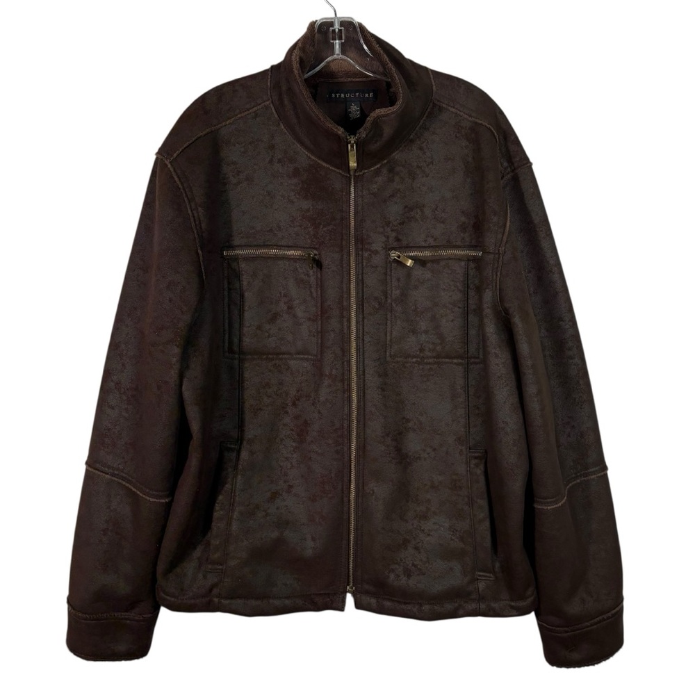 Structure Brown Vegan Suede Leather Sherpa Lined Full Zip Patchwork Coat Jacket